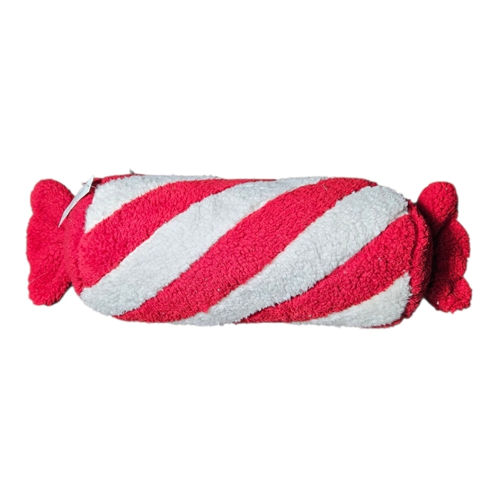 NWT Red and White Striped Candy-Shaped Sherpa Pillow.